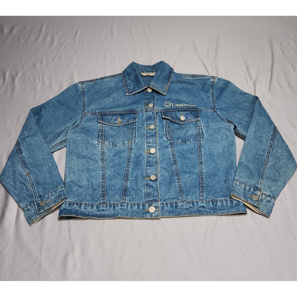 Longaberger Homestead Denim Jacket Embroidered Floral Basket Plaid Cuffs Small